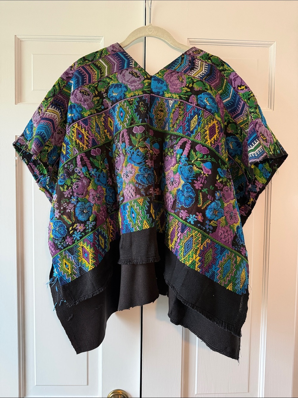 Handmade Embroidered Poncho Cape Black Purple Blue Floral Unique Boho Artsy - Picture 6 of 9